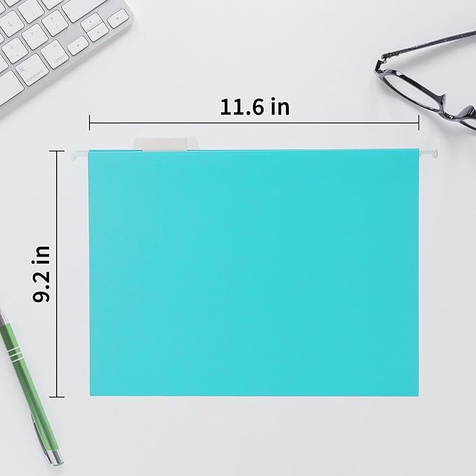 Cyan Blue Hanging File Folders,25 Packs Letter Size File Folder,Designed for Bulky Files,Filing Cabinet,1/5 Adjustable Tabs for Office,School,Home