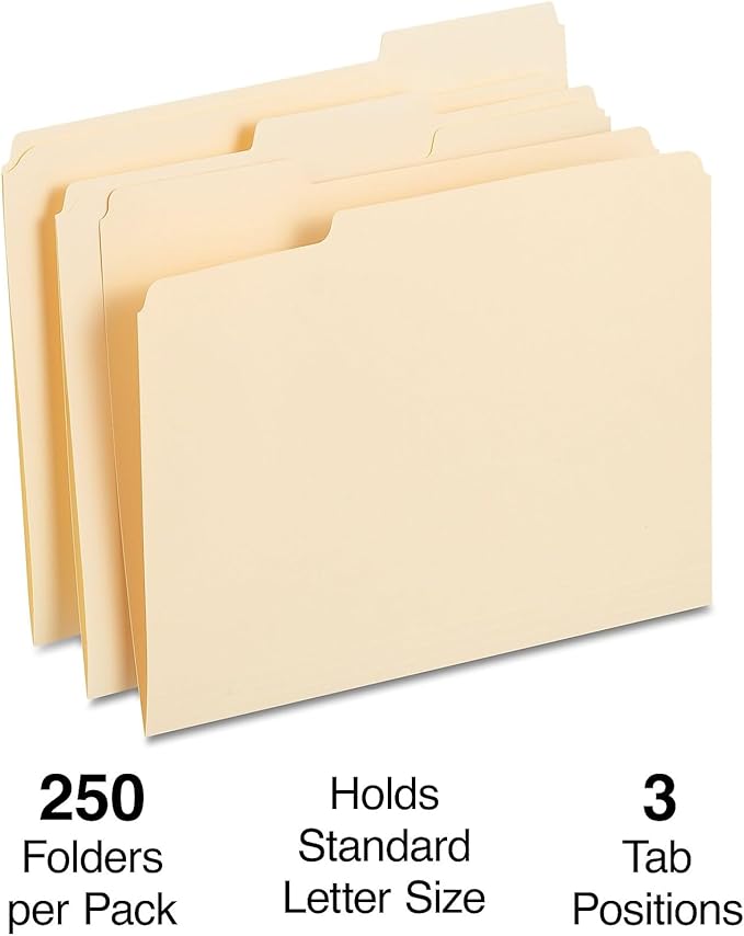 Staples File Folders, 1/3-Cut Reinforced Tab, Assorted Position, Letter Size, Perfect for Home, Office, Classroom, 250-Pack, Manila