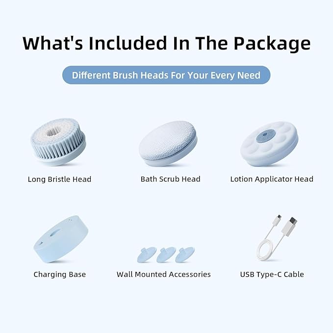 Oh,XIYU. Electric Body Brush Back Scrubber for Shower, Waterproof Long Dual Handle Power Body Scrubber with 3 Heads, Rechargeable Bath Brush & 2 Speeds, for Cleansing, Exfoliating and Massaging Skin