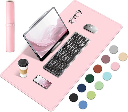 Dual-Sided Desk Pad, Natural Cork & PU Leather Mouse Pad for Desk, Desk Pad Protector, Non-Slip Desk Mat for Office and Home Work, (Pink, 23.6" x 13.7")