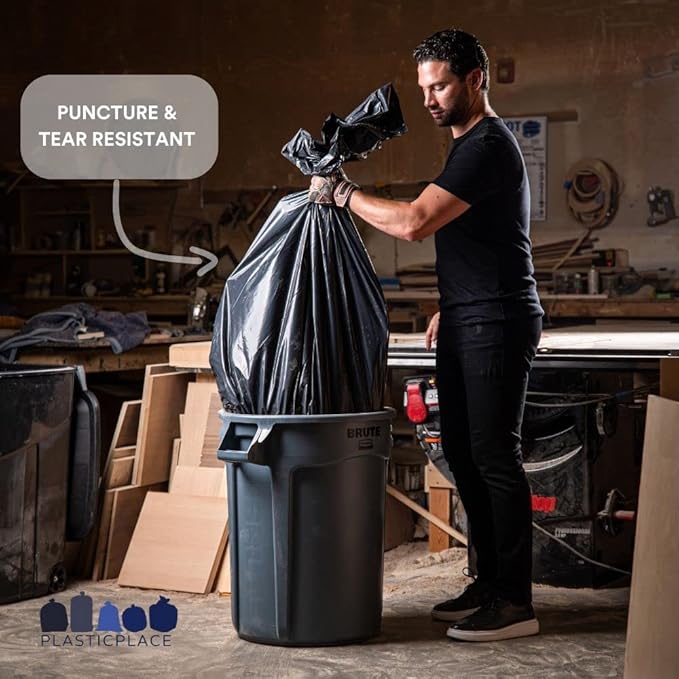 Plasticplace 25 Gallon Trash Bags │ 1.7 Mil │ Black 3 Ply Garbage Can Liners │ 30" x 36" (100 Count)