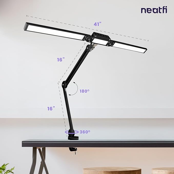 Neatfi LED Desk Lamp, Dimmable Desk Light with 360 SMD LEDs, 30W, CRI 95, Adjustable Color Temperature, Task Lamp for Home, Office, and Workbench (CCT, Black, 41 Inches)
