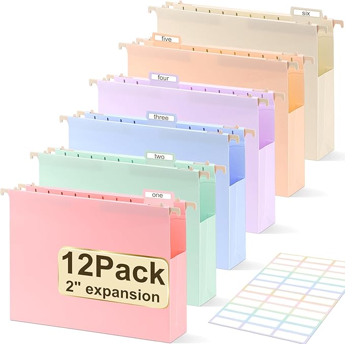 Extra Capacity Plastic Hanging File Folders Letter Size,12 Pack 2 Inch Capacity Hanging File folders with Tabs,Heavy Duty for Filing Cabinet,Home and Office File,Pastel Colors