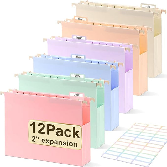 Extra Capacity Plastic Hanging File Folders Letter Size,12 Pack 2 Inch Capacity Hanging File folders with Tabs,Heavy Duty for Filing Cabinet,Home and Office File,Pastel Colors