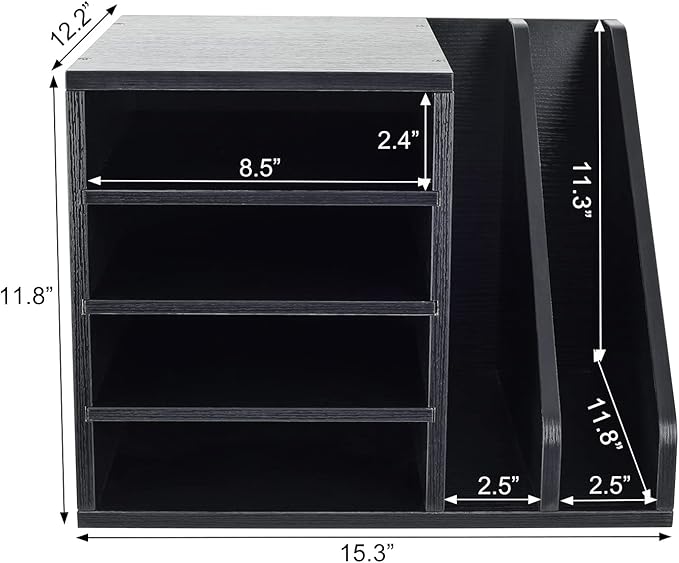 PAG Wood Desktop File Holder Organizer Mail Sorter for File Folders, Mails, Envelopes, Mailing Supplies or Magazines, Black