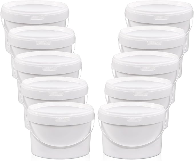 10 Pack White Plastic Bucket with Handle and Lid Food Storage Bucket Containers All Purpose Pail for Multipurpose Paint Water Art Crafts Projects Garage Organization (1 Gallon White)