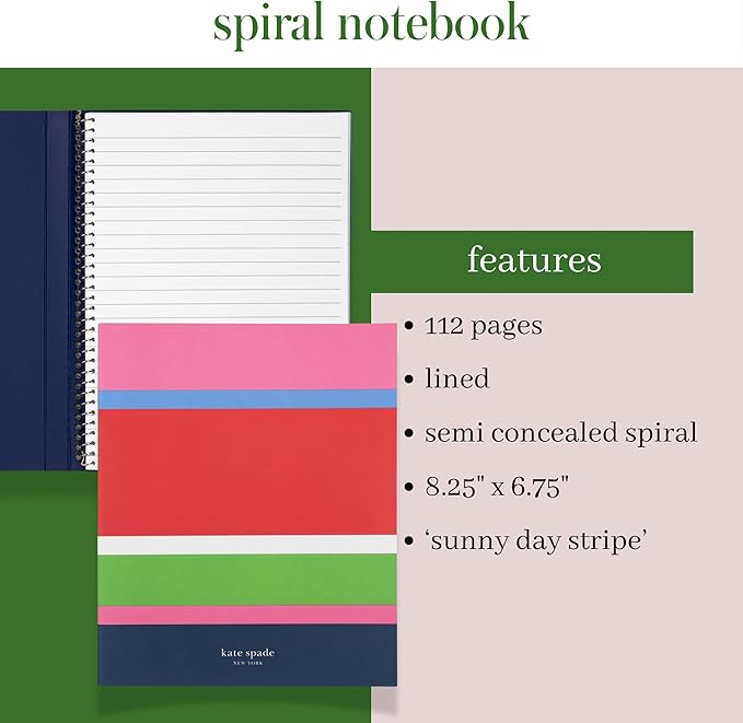 kate spade new york Small Concealed Spiral Notebook, 8.25" x 6.75" Journal Notebook with 112 Lined Pages (Sunny Day Stripe)