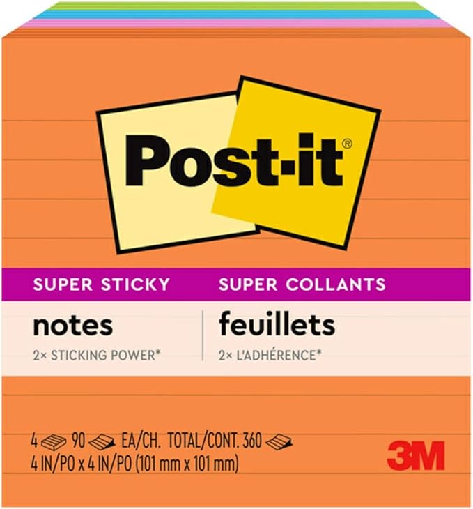Post-it Super Sticky Notes, 4x4 in, 4 Pads, 2X The Sticking Power, Rio de Janerio Collection, Bright Colors (Orange, Pink, Blue, Green),Recyclable (675-4SSUC)