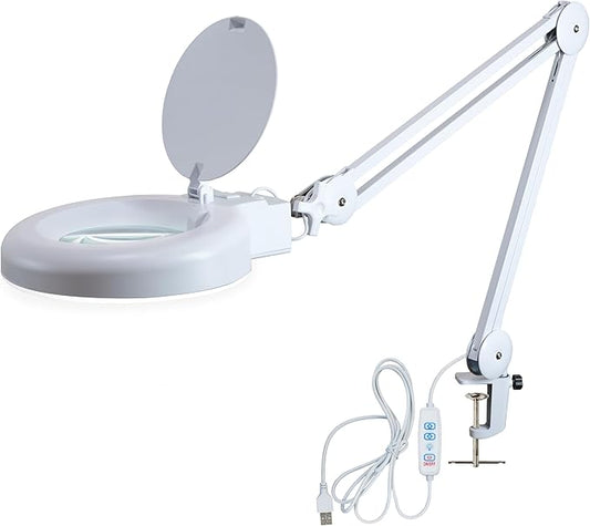 (New Model) Neatfi LED Magnifying Lamp with Clamp, 12W, 60 SMD LEDs, Adjustable Step Dimming Brightness, Desk Lamp Magnifier Light for Crafts, Painting, and Hobbies (White, 5-Diopter)