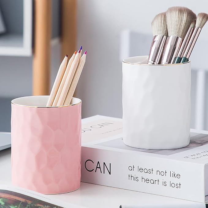 Ceramic Pen Holder Stand Cup Pencil Holder Organizer Makeup Brush Holders for Home Office Desk (Pink)