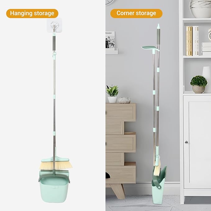 Sayene Broom and Dustpan Set,Long Handle Broom and Dustpan Set,Broom with Stand Up Dustpan Combo Set,for Home, Office, Lobby(Green)