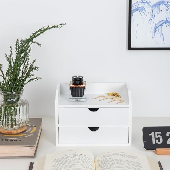 ROSE BLOOM White Wood Desk Organizer with 2 Drawer, Mini Cute Cabinet with Storage Shelf for Tabletop, Small Desktop Box Organizer for Cosmetic Office Supplies