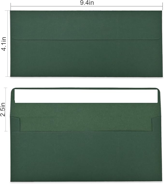 Business envelopes, green envelopes, standard self-sealing envelopes (personal and business), checks, letters, invoices (41/8x9/2 inches)