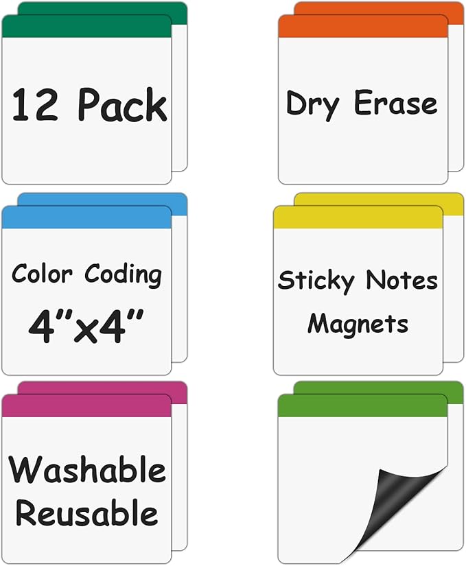 Reusable Magnetic Sticky Notes,12 Pack 4"x4" Dry Erase Magnets for Whiteboard, Fridge,Metal Locker, Tin Cabinet,Office Classroom Supplies