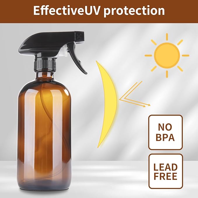 HOMBYS Empty Glass Amber Spray Bottles with Silicone Sleeve Protection - Refillable 16 oz Containers for Cleaning Solutions, Essential Oils, Misting Plants - Quality Sprayer -(2 Pack Amber)