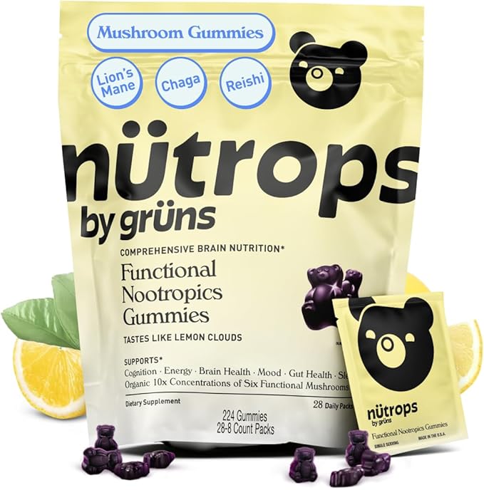 Nutrops Lions Mane Mushroom Gummies for Adults, Functional Nootropics, Herbal Brain Supplement for Energy, Brain Health, Cognitive, Memory & Focus, Reishi, Chaga, Cordyceps, Coriolus, 28 Daily Packs
