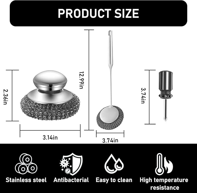 Stainless Steel Wool Metal Wire Scrubber Sponge Scouring Pads Brush Set with Handle for Cleaning Dishes,Pots and Pans,Kitchen Cast Iron,Stoves, Sink,Cooking Tools,Silver(7pcs)