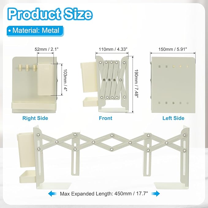 PATIKIL Adjustable Book Ends, 7.5" Tall Heavy Duty Metal Adjustable Bookends Book Holders Organizer with Removable Pen Holder Tray and 3 Hook-up for Heavy Books Desk Office Home, White