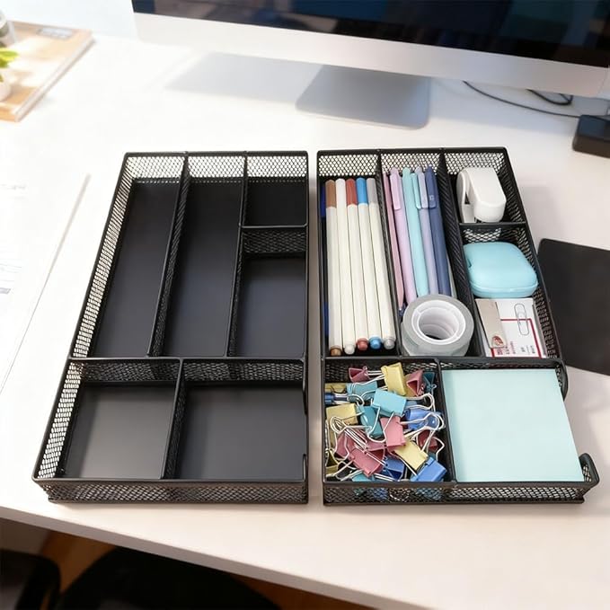 2 Pack Desk Drawer Organizer, Small Metal Mesh Desk Organizer Tray, Pen Pencil Drawer Organizer for Office Supplies, Desktop, Makeup, Vanity