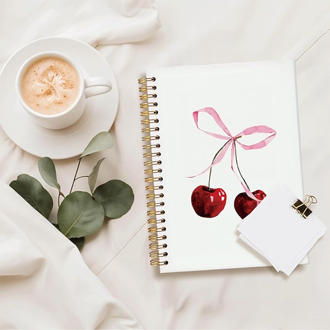 Coquette Pink Bow Cherry Notebook, Preppy Aesthetic Journal for Girls, Cute College Ruled Spiral Planner, Coquette School Supplies & Girly Work Notebook for Women, 5.5x8.3 Inch