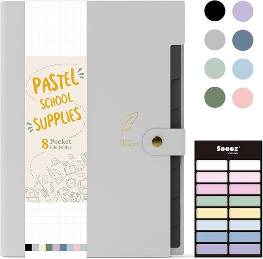 Sooez Aesthetic 8 Pocket Accordion File Organizer, Pastels Expanding File Folder for Important Document with Labels, Portable Receipt Bill Organizer for Office School Supplies, Letter Size Light Grey