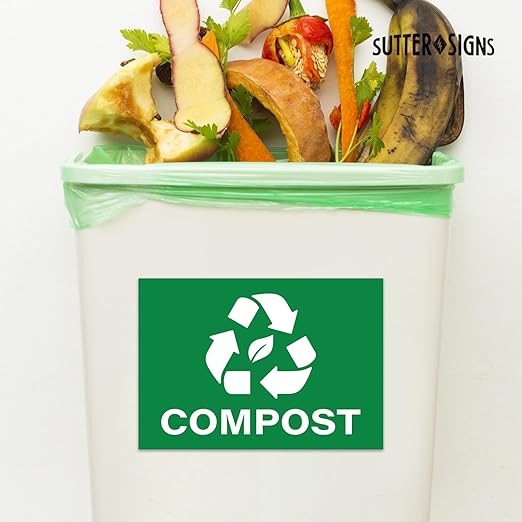 Compost Stickers, Self Adhesive Weatherproof Vinyl Stickers, Green, 7" x 10" (Pack of 4)