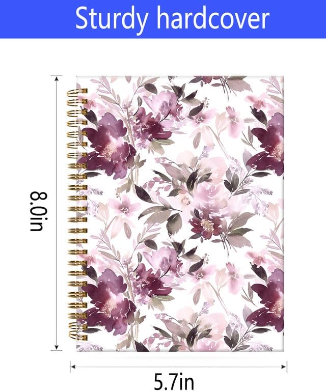 Spiral Journal Notebook,A5 Hardcover Lined Journals for Women Girl 6 x 8.3 in,120 Pages Thick Paper,Cute College Ruled Writing Notebook for Gifts Office Work School(Pink Purple Flower)