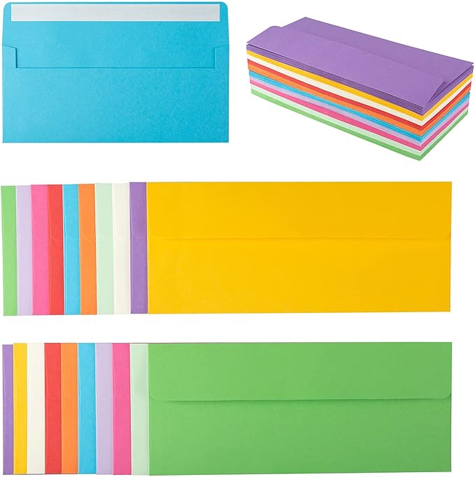 100 Pack Colorful #10 Business Envelopes Self Seal Standard Envelopes for Office Checks, Business, Letter Mailing Invoices, 4.13 x 9.49 Inches (Colorful)
