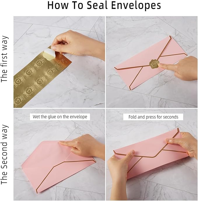 50 Pack #10 Business Envelopes with Gold Border, Self Seal Standard Envelopes with Gold Stickers for Office, Checks, Letter Mailing, Invoices, 4 1/8 x 9 1/2 Inches (Pink)