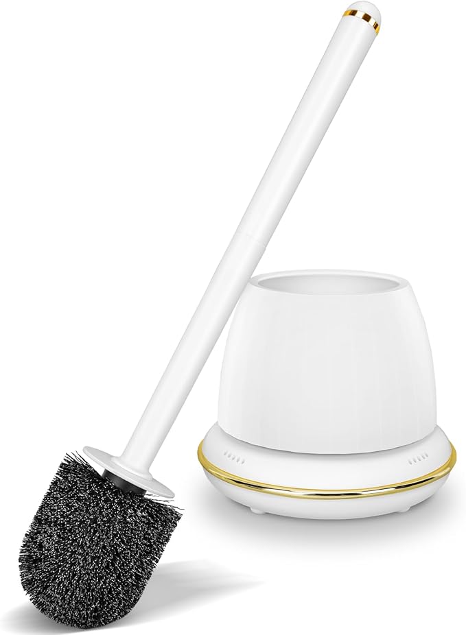 Gold Toilet Brush and Holder Set, Toilet Bowl Brush with Long Handle, Easy to Assemble of Compact Toilet Scrubber, Toilet Brush Set with No Leaks Have Vent, Stylish Gold Bathroom Accessories. U