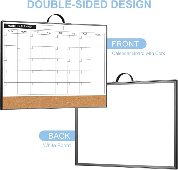 ARCOBIS Calendar Whiteboard Cork Board Combination for Wall, 12"x16" Double-Sided Monthly Dry Erase Calendar, Magnetic White Board for Planning, Office, School, Home, Black