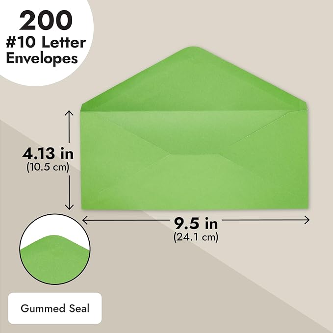 Sustainable Greetings Business Envelopes - 200 Pack, #10, Green, Gummed Seal - Colored Envelopes in Letter Size for Invitations, Weddings, Greeting Cards & Business Mailing