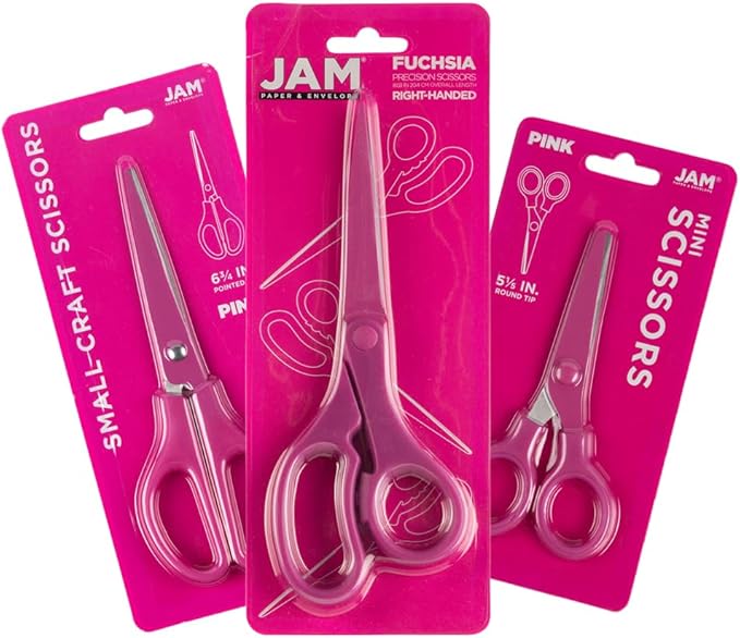 JAM PAPER Multi Purpose Scissors Set - Pink - Assorted Sizes - Ergonomic Handle & Stainless Steel Pointed Tip Blades - 3/Pack