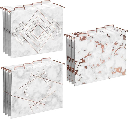 Y YOMA 12 Pack Rose Gold Hanging File Folders Letter Size Decorative File Folder Cute Pretty Hanging Folder Organizer for Filing Cabinet Office Home with 1/5-Cut Adjustable Tabs, 3 Marble Design