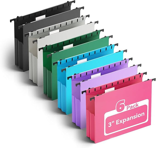 Plastic Hanging File Folders Letter Size,Heavy Duty 3 Inch Expansion Folder,6 Pack Reinforced Expanding File Folder,Extra Capacity Accordian Pocket,Colored Hanging Folder Organizer for Home Office