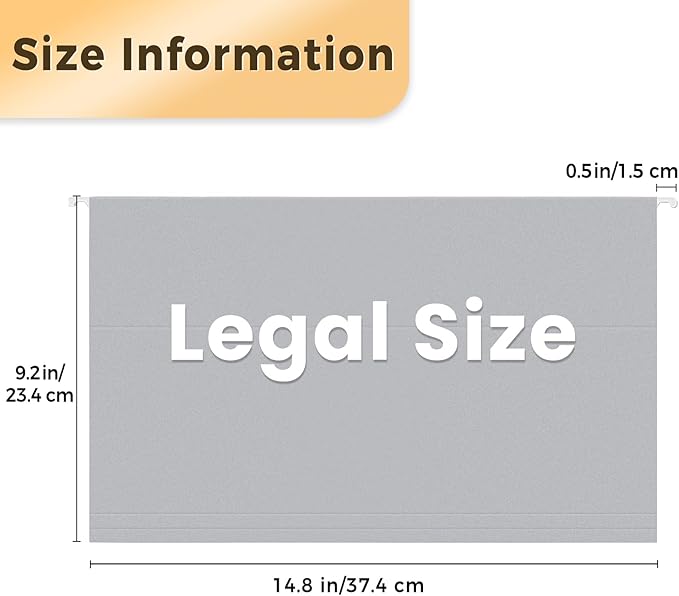 SUNEE Hanging File Folders Legal Size, Gray File Folders 25 Pack 1/5-Cut Tabs, Stay Organized for Your Home and Office Bulk File and Documents