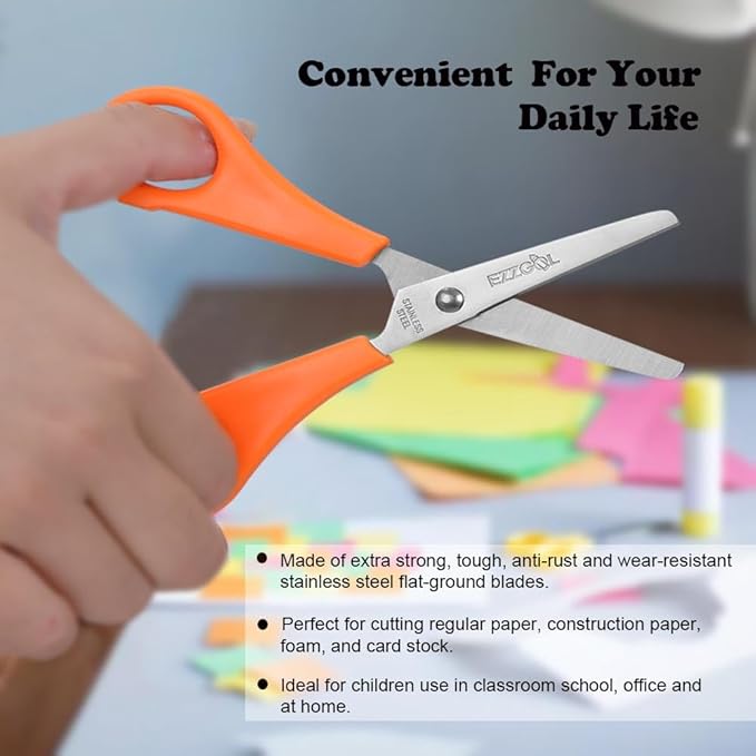 Scissors Bulk for Kids, EZZGOL 12 PACK 5” Safety Blunt Tip Student Scissors, 6 Assorted Colors Kid Craft Scissor for Cutting Regular Paper,Construction Paper,Cards