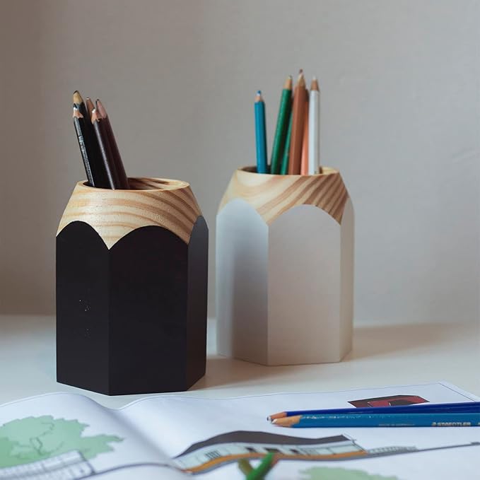 GEGUTON Sharpener Shaped Pen Holder – Black Solid Wood and Steel and Retro Design – Organizes Desk Accessories, Adds Charm to Workspaces, Great Gift – Fun Collection