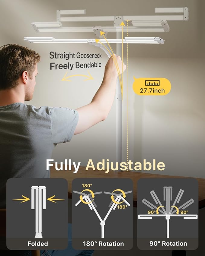 ONEMIX 42" LED Desk Lamp for Home Office, Eye-Caring Desk Light with Adjustable 4-Segment Bar, 1800LM Bright, Remote, Architect Table Lamp with Base for Dual Monitors, Reading, Study, Workbench(White)