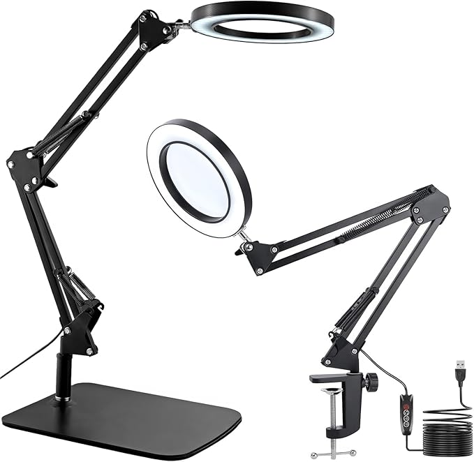 15X Magnifying Glass with Light, Table Lamp with Stand and Clamp, 2-in-1 LED Desk Lamp with Magnifier, 3 Color Modes, 72 LEDs, Real Glass Lens for Close Works, Craft, Hobby, Painting, Reading, Repair