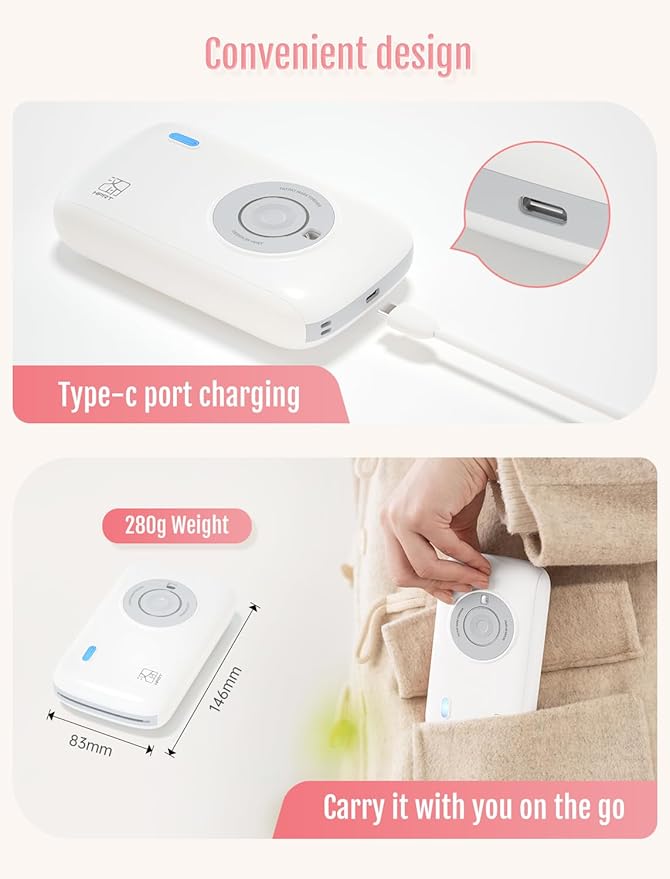 HPRT CP2100 Portable Photo Printer for iPhone, Wireless Picture Printer for Smartphone, 2x3 Mobile Photo Mini Color Printer, Instant Thermal Dye Sublimation Tech, Bluetooth (White-Grey)
