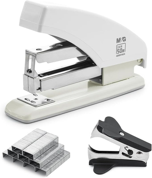 M&G Effortless Stapler for Desk, 50 Sheet Capacity, Heavy Duty Desktop Stapler with 1000 Staples & Staple Remover, One Finger Touch, Good for Office Home School, White