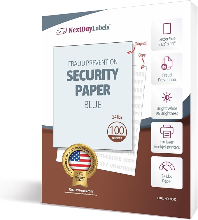 NextDayLabels Blue Security Paper – Multi-Purpose – UNAUTHORIZED COPY – Fraud Prevention – Laser & Inkjet Printer Compatible – 8.5" x 11“ – 24 lb – 100 Sheets