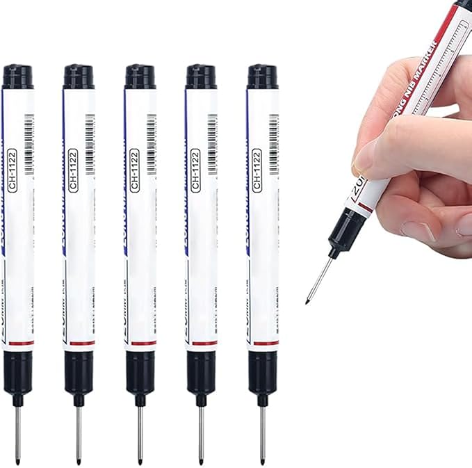 5PCS Long Head Deep Hole Marker Pens, 20mm Deep Reach Long Nose Markers, 45mm Permanent Markers Carpenter Ink Marker Pens, Waterproof Construction Markers Marking Tool, Metal Marking Pen (Black)