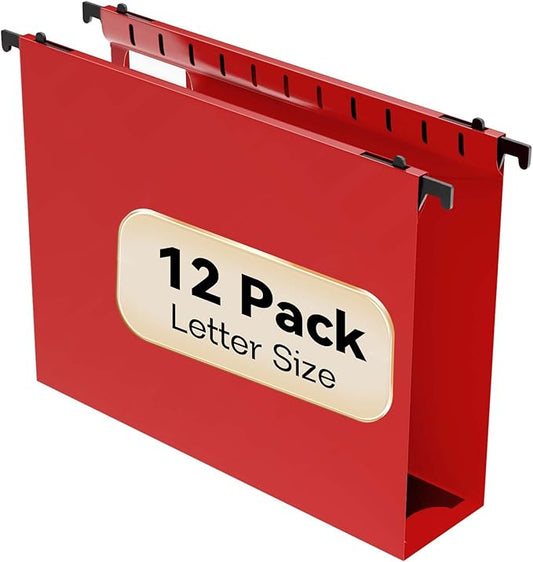 Plastic Hanging File Folder Extra Capacity,12 Pack Reinforced Hang Folders with Heavy Duty 2 Inch Expansion,Filing Cabinet Folders Letter Size,Hanging Organizer Designed for Bulky Files(Red)