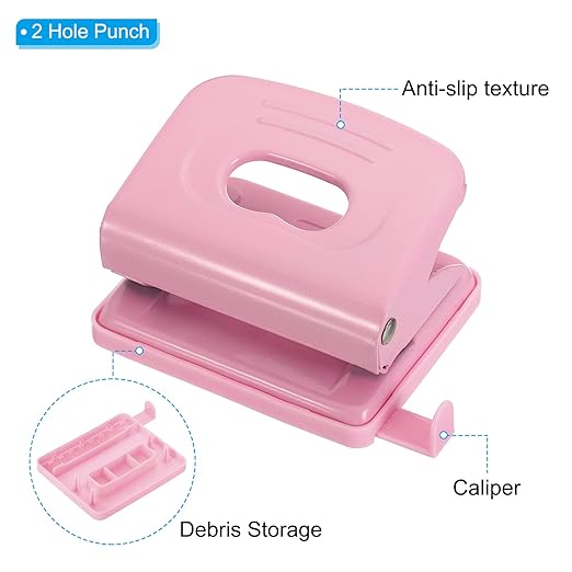 PATIKIL 1/4" 2 Hole Paper Punch, Metal Hole Puncher 8 Sheet Punch Capacity Adjustable Hole Punch for Office and Home Supplies, Pink