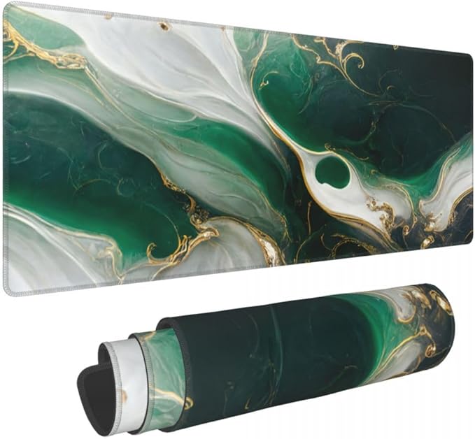 Desk Pad,Office Desk Mat 31.5"×11.8" Large Gaming Mouse Pad,Durable Extended Computer Mouse Pad,Waterproof Thick Big Mouse Pads with Non-Slip Rubber Base Office Home Green White Marble