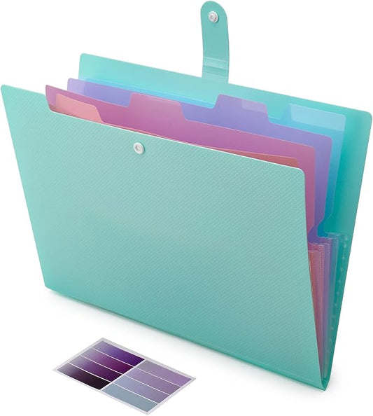 NAFY Colorful Expanding File Folder, 5 Pockets Folder with Colored Labels Portable Weave Pattern Accordion File Folder A4 Letter Size Project Organizer Document Folder for Office School (Green)