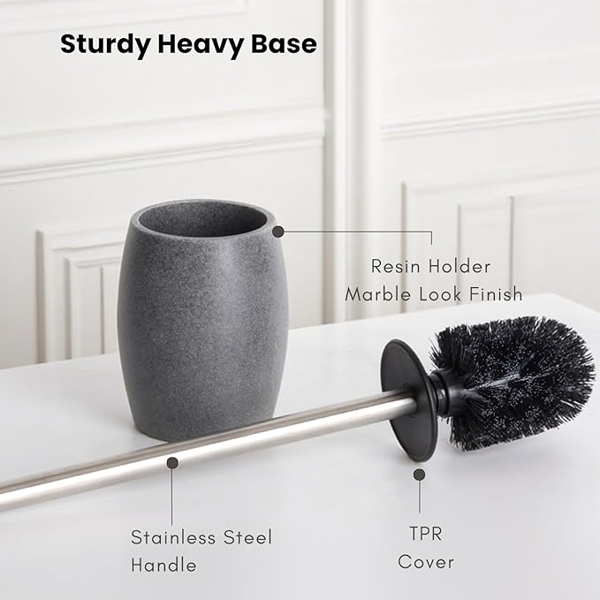 Toilet Bowl Brush and Holder with Stainless Steel Long Handle, Toilet Scrubber Brush with Durable Base, 360° Deep Cleaning Bristles for Bathroom, Compact Set for Small Space (Gray)