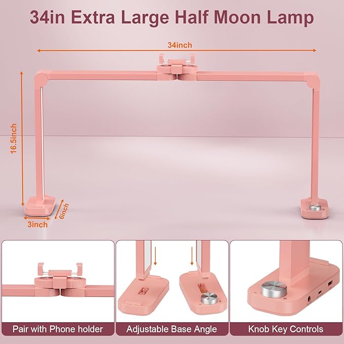 iVict Premium Large Nail Desks Light, 34" Foldable Lash Light for Eyelash with Phone Stand, 0-100% Adjustable Brightness, 3000K-6000K Color Temperature Led Desk lamp for Nail(Pink)